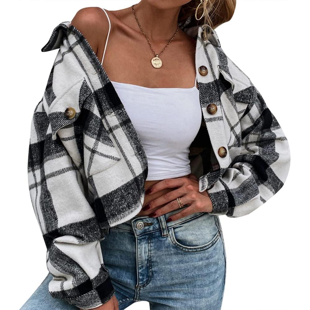 imageGihuo Womens Fashion Cropped Shacket Button Down Corduroy Shacket Jackets Casual Plaid Long Sleeve Crop Jackets TopsPlaid Black