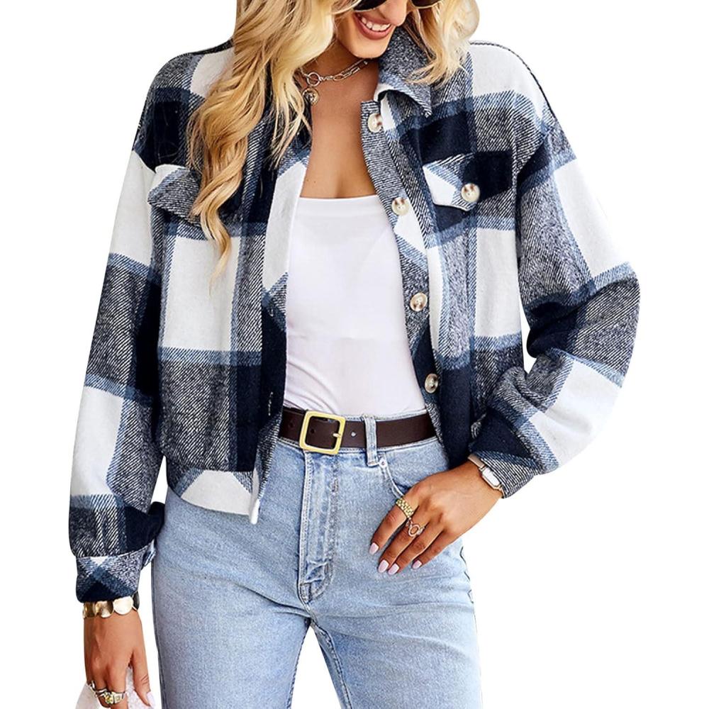 imageGihuo Womens Fashion Cropped Shacket Button Down Corduroy Shacket Jackets Casual Plaid Long Sleeve Crop Jackets TopsPlaid Blue