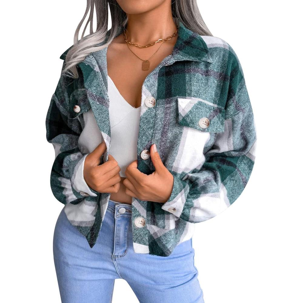 imageGihuo Womens Fashion Cropped Shacket Button Down Corduroy Shacket Jackets Casual Plaid Long Sleeve Crop Jackets TopsPlaid Green