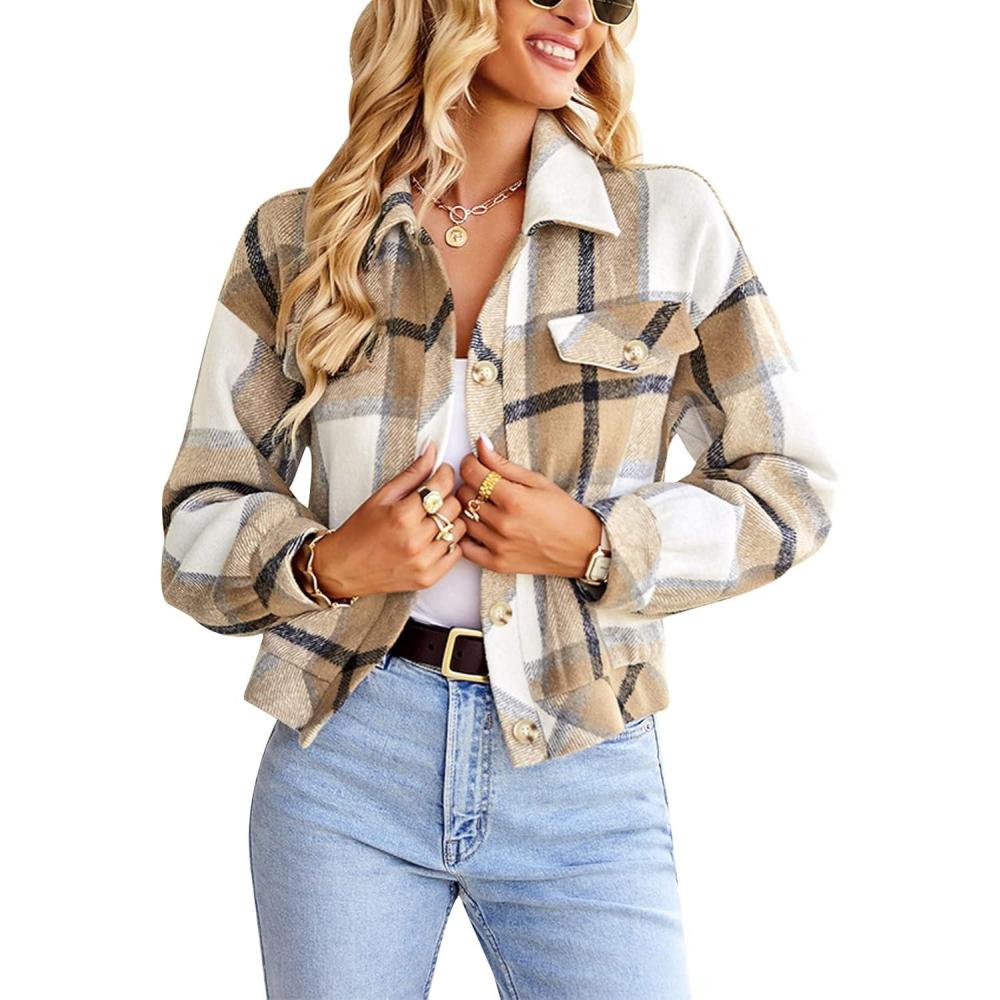 imageGihuo Womens Fashion Cropped Shacket Button Down Corduroy Shacket Jackets Casual Plaid Long Sleeve Crop Jackets TopsPlaid Khaki
