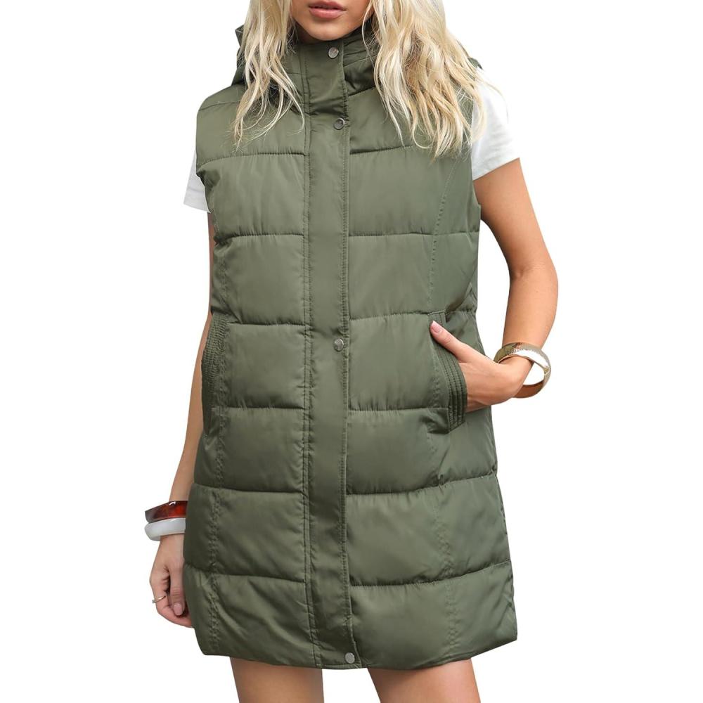 imageGihuo Womens Long Puffer Vest Winter Quilted Hooded Sleeveless Zip Up Long Jacket Vest GiletArmy Green