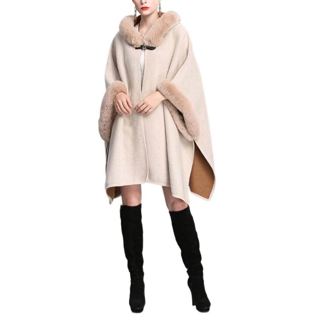 imageGihuo Womens Luxury Batwing Sleeve Faux Fur Hooded Cloak Poncho Sweater CapeBeige