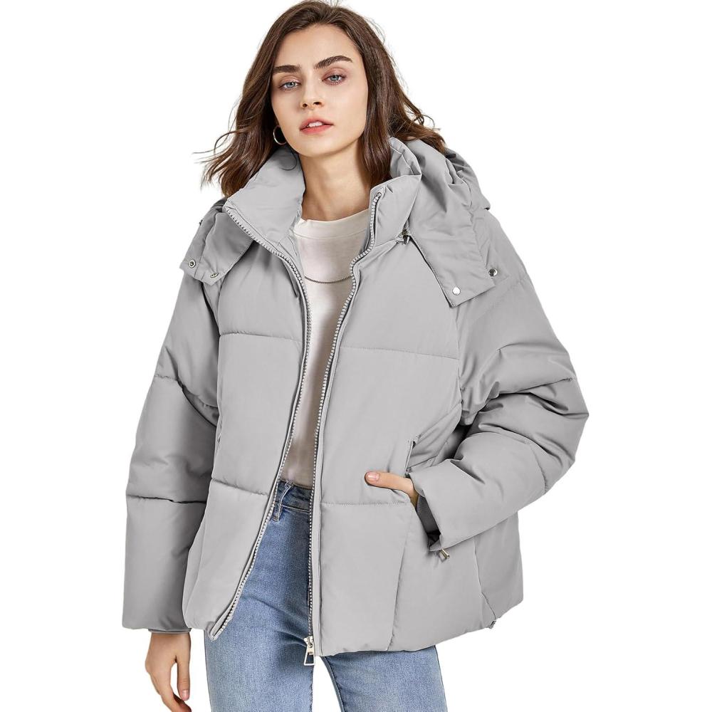 imageGihuo Womens Puffer Jacket Winter Warm Coats Hooded Quilted Jackets with Removable HoodGrey