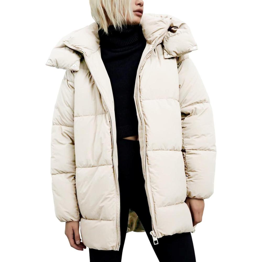 imageGihuo Womens Quilted Puffer Coat Hoodie Winter Oversized MidLength Padded Down Jacket Warm Heavyweight Bubble OuterwearBeige