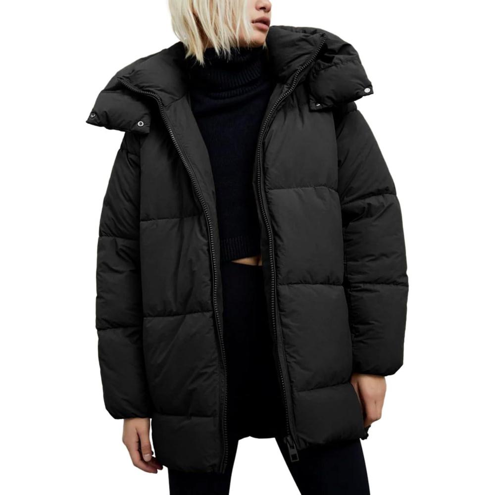 imageGihuo Womens Quilted Puffer Coat Hoodie Winter Oversized MidLength Padded Down Jacket Warm Heavyweight Bubble OuterwearBlack