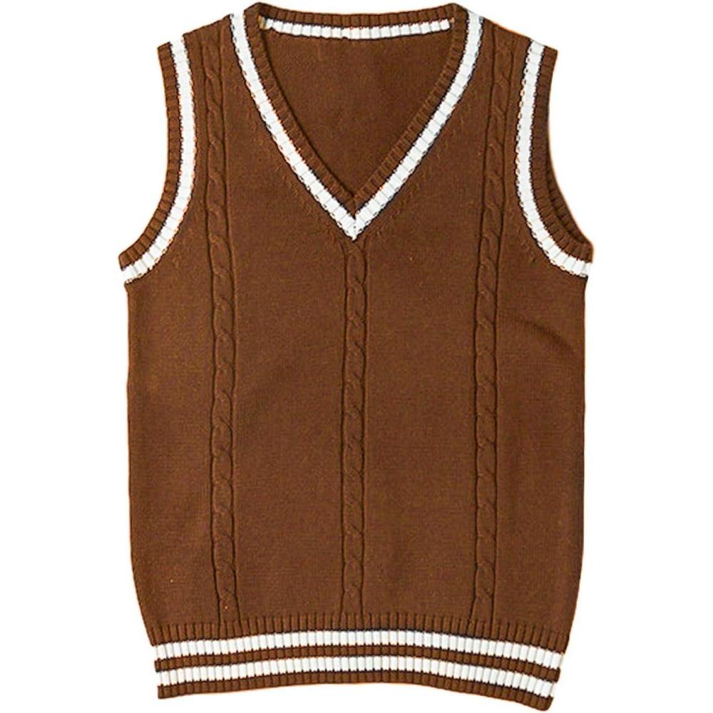 imageGihuo Womens Sweater Vest V Neck Uniform Sleeveless Knitted School JK Pullover Tops ClassicBrown