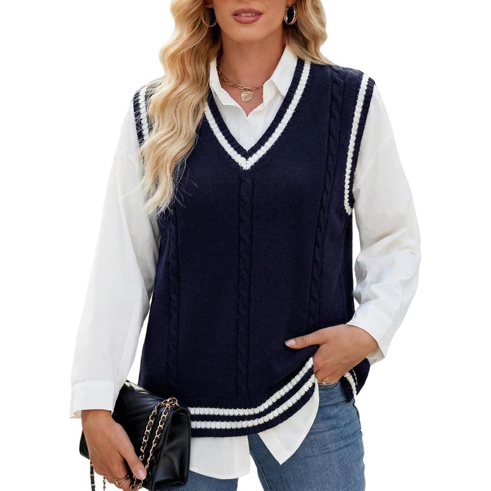imageGihuo Womens Sweater Vest V Neck Uniform Sleeveless Knitted School JK Pullover Tops ClassicNavy