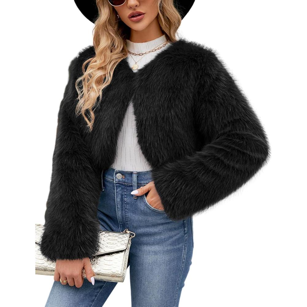 imageGihuo Womens Winter Cropped Faux Fur Coat Long Sleeve Open Front Cardigan Fleece Jackets Shaggy Parka OuterwearBlack