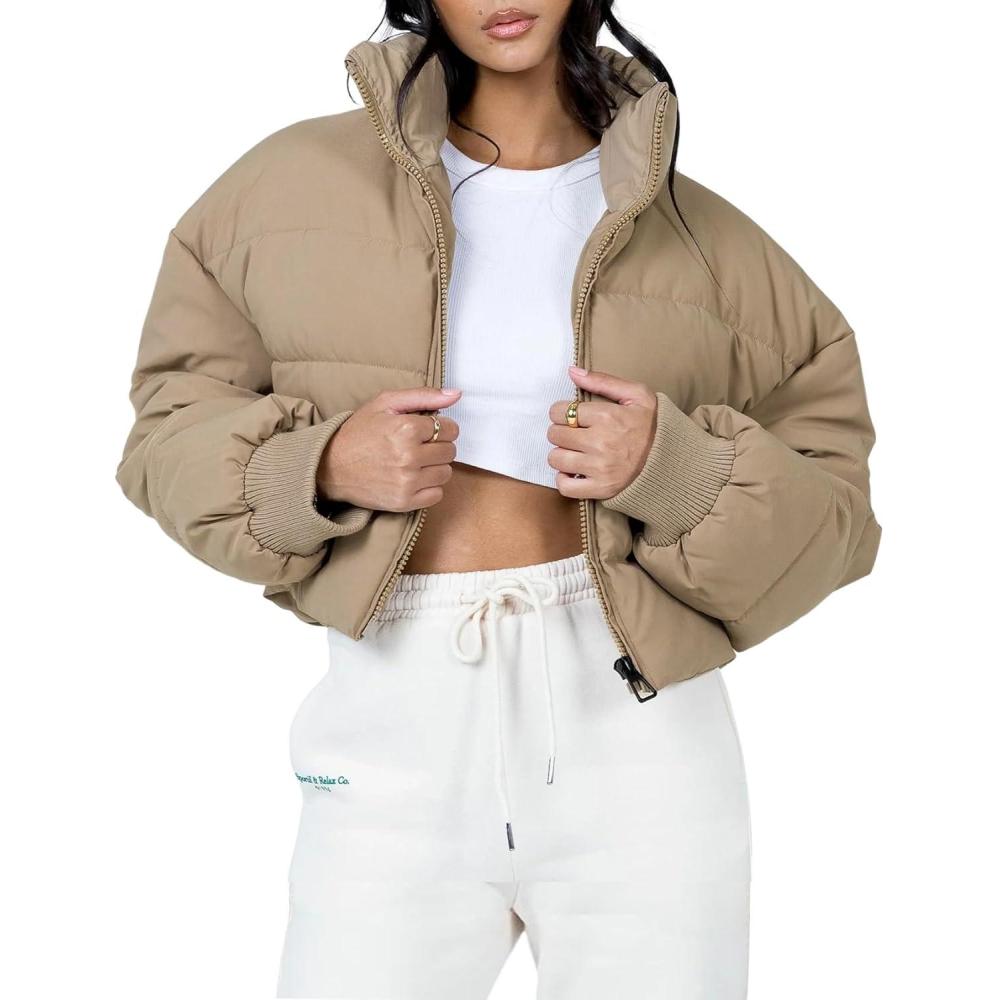 imageGihuo Womens Winter Puffer Jacket Cropped Lightweight Zip Up Padded Coat Oversized Stand Collar Short Quilted JacketsKhaki