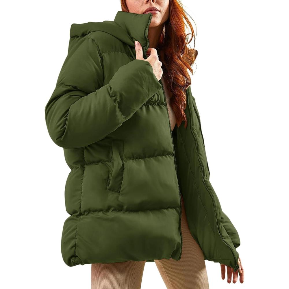 imageGihuo Womens Winter Puffer Jacket Oversized Zip Up Long Quilted Coats Lightweight Stand Collar Padded Jackets with HoodArmygreen