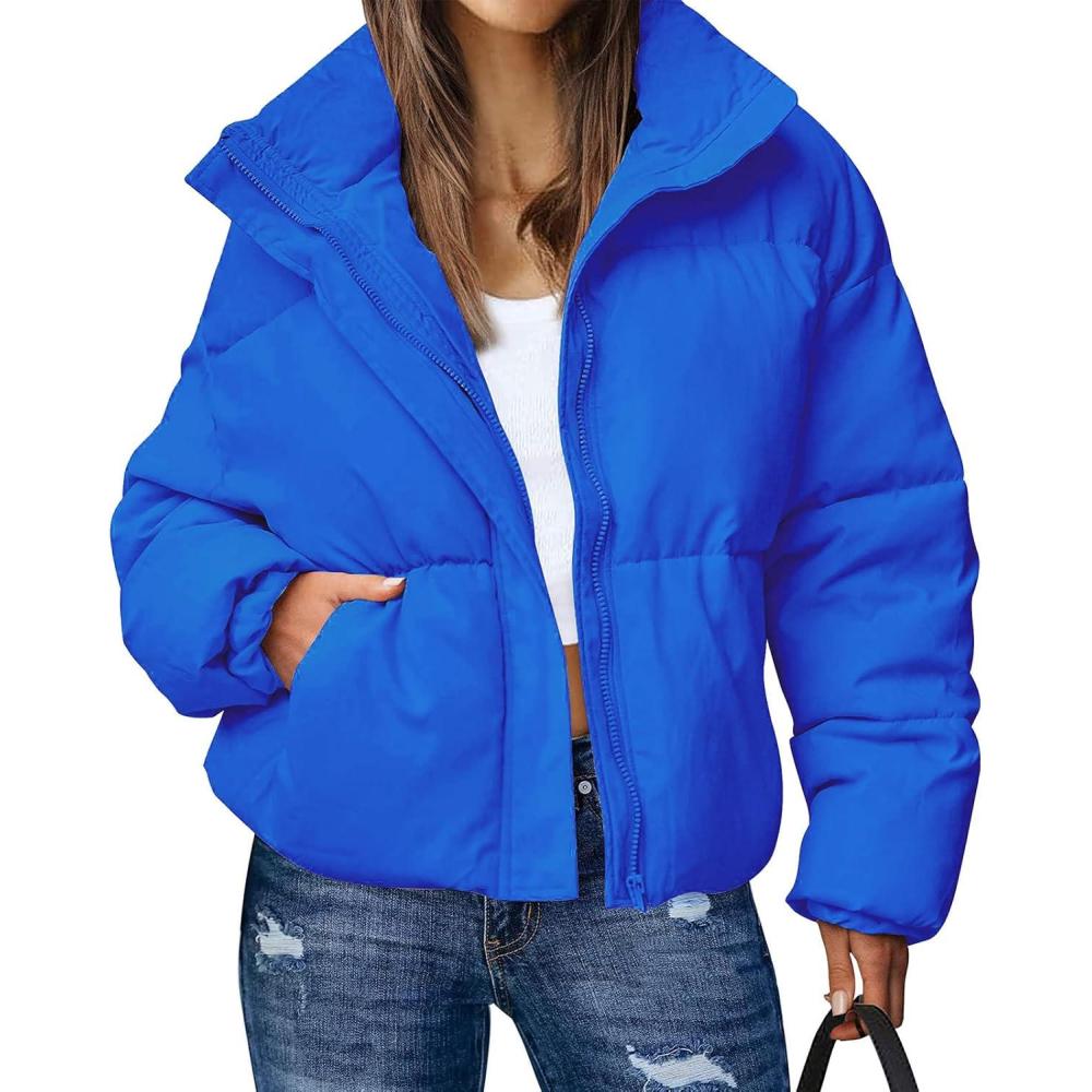 imageGihuo Womens Winter Warm Puffer Jacket Stand Collar Baggy Zip Up Short Quilted Jacket OuterwearBlue