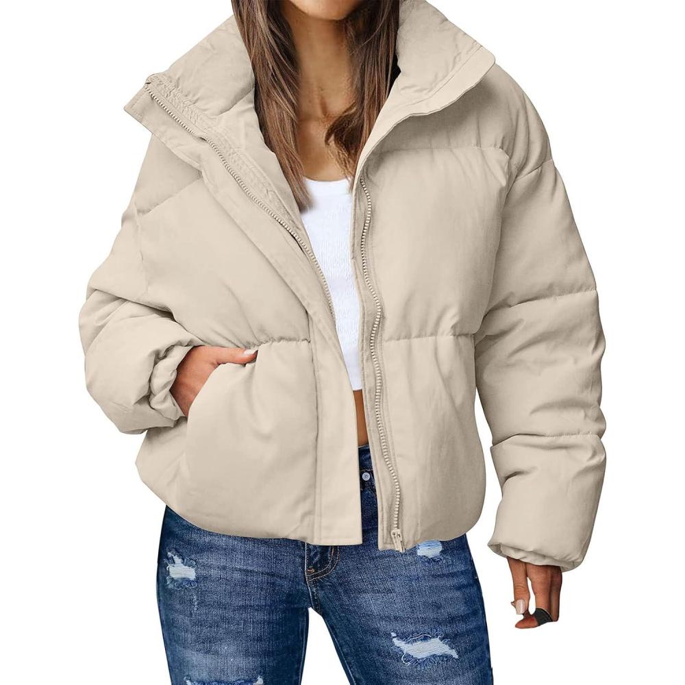 imageGihuo Womens Winter Warm Puffer Jacket Stand Collar Baggy Zip Up Short Quilted Jacket OuterwearKhaki