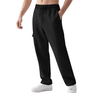 Gihuo Cargo Sweatpants for Men Athletic Baggy Fleece Pants Open Bottom Wide Leg Drawstring Joggers with Pockets(Black)