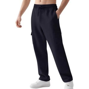 Gihuo Cargo Sweatpants for Men Athletic Baggy Fleece Pants Open Bottom Wide Leg Drawstring Joggers with Pockets(Blue)
