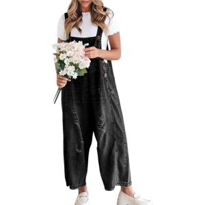 Gihuo Denim Overalls for Women Jean Bib Overalls Wide Leg Loose Fit Barrel Baggy Distressed Adjustable Straps(Black)