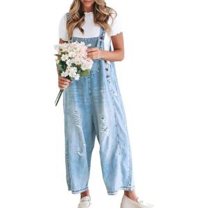 Gihuo Denim Overalls for Women Jean Bib Overalls Wide Leg Loose Fit Barrel Baggy Distressed Adjustable Straps(Lightblue)