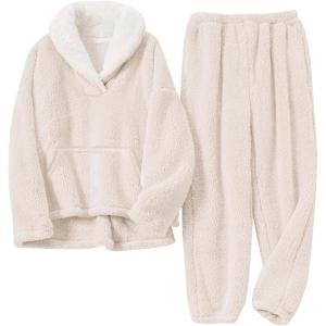 Gihuo Girls Fleece Pants Sets Fuzzy 2 Piece Outfits Lapel Collar Pullover Sweatshirt Set Sweatsuit 5-14Y(Beige)
