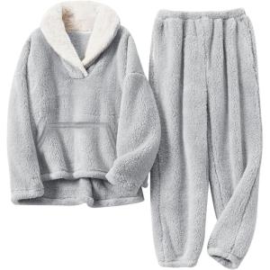 Gihuo Girls Fleece Pants Sets Fuzzy 2 Piece Outfits Lapel Collar Pullover Sweatshirt Set Sweatsuit 5-14Y(Lightgrey)
