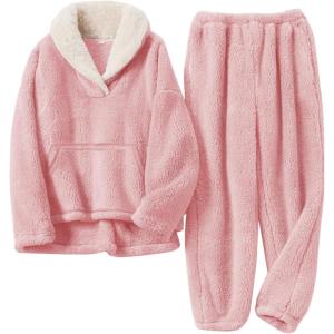 Gihuo Girls Fleece Pants Sets Fuzzy 2 Piece Outfits Lapel Collar Pullover Sweatshirt Set Sweatsuit 5-14Y(Lightpink)
