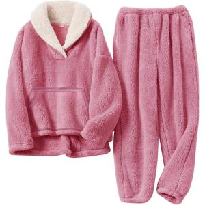 Gihuo Girls Fleece Pants Sets Fuzzy 2 Piece Outfits Lapel Collar Pullover Sweatshirt Set Sweatsuit 5-14Y(Pink)