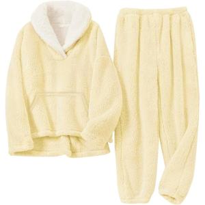 Gihuo Girls Fleece Pants Sets Fuzzy 2 Piece Outfits Lapel Collar Pullover Sweatshirt Set Sweatsuit 5-14Y(Yellow)