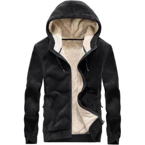 Gihuo Mens Sherpa Hoodies Zip Up Fleece Lined Sweatshirt Hooded Winter Warm Jacket(03 Black(fleece Shell))