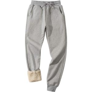 Gihuo Men’s Winter Fleece Pants Sherpa Lined Sweatpants Active Running Jogger Pants(#1 Light Grey (Ribbed Cuff))