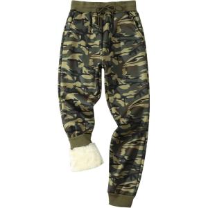 Gihuo Men’s Winter Fleece Pants Sherpa Lined Sweatpants Active Running Jogger Pants(Greencamo (Ribbed Cuff))