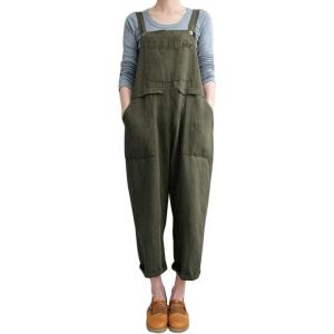 Gihuo Women Linen Overalls Jumpsuits Loose Fit Baggy Bib Rompers Casual Summer Outfits Trendy 2025​​(Army Green)