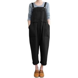 Gihuo Women Linen Overalls Jumpsuits Loose Fit Baggy Bib Rompers Casual Summer Outfits Trendy 2025​​(Black)