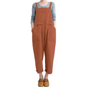 Gihuo Women Linen Overalls Jumpsuits Loose Fit Baggy Bib Rompers Casual Summer Outfits Trendy 2025​​(Brickred)