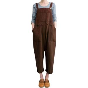 Gihuo Women Linen Overalls Jumpsuits Loose Fit Baggy Bib Rompers Casual Summer Outfits Trendy 2025​​(Brown)