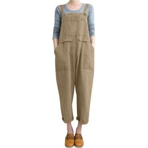 Gihuo Women Linen Overalls Jumpsuits Loose Fit Baggy Bib Rompers Casual Summer Outfits Trendy 2025​​(Khaki)