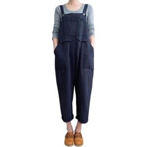 Gihuo Women Linen Overalls Jumpsuits Loose Fit Baggy Bib Rompers Casual Summer Outfits Trendy 2025​​(Navy)