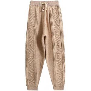 Gihuo Women’ s Cable Knit Sweater Pants Long Harem Joggers with Elastic Waist(Camel)