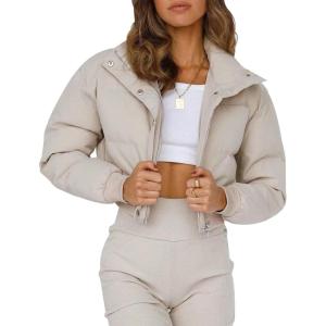 Gihuo Women’ s Cropped Puffer Jacket Padded Long Sleeve Bubble Coats Winter Warm Puffy Outerwear(Beige)
