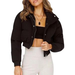 Gihuo Women’ s Cropped Puffer Jacket Padded Long Sleeve Bubble Coats Winter Warm Puffy Outerwear(Black)