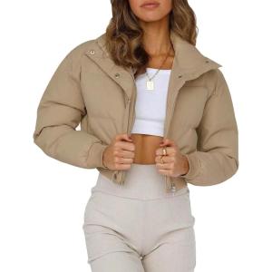 Gihuo Women’ s Cropped Puffer Jacket Padded Long Sleeve Bubble Coats Winter Warm Puffy Outerwear(Khaki)