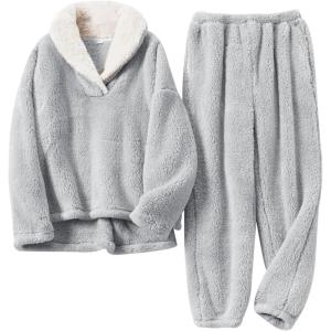 Gihuo Women’ s Fluffy Pajamas Set Fleece Pullover Pants Loose Plush Sleepwear 2 Piece Pjs Set Warm Loungewear Fuzzy(Lightgrey)