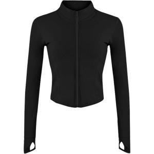 Gihuo Women’s Athletic Full Zip Lightweight Workout Jacket with Thumb Holes(Black)