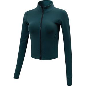 Gihuo Women’s Athletic Full Zip Lightweight Workout Jacket with Thumb Holes(Darkgreen)
