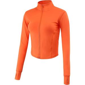 Gihuo Women’s Athletic Full Zip Lightweight Workout Jacket with Thumb Holes(Orange)