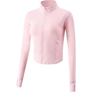 Gihuo Women’s Athletic Full Zip Lightweight Workout Jacket with Thumb Holes(Pink)