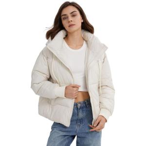 Gihuo Women’s Crop Hooded Puffer Jacket Zip Up Winter Quilted Warm Short Jacket Outerwear(Beige)