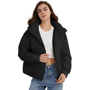 Gihuo Women’s Crop Hooded Puffer Jacket Zip Up Winter Quilted Warm Short Jacket Outerwear(Black)