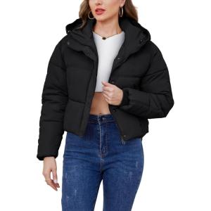 Gihuo Women’s Cropped Puffer Jacket Zip Up Hooded Quilted Jackets Winter Short Padded Coat Outerwear(Black-Small)