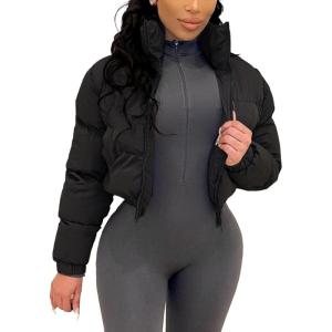 Gihuo Women’s Cropped Puffer Jacket Zip Up Winter Short Quilted Jackets Bubble Coat(Black)
