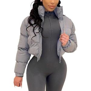 Gihuo Women’s Cropped Puffer Jacket Zip Up Winter Short Quilted Jackets Bubble Coat(Grey)