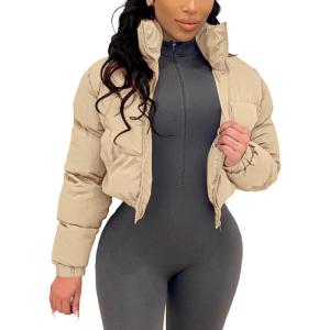 Gihuo Women’s Cropped Puffer Jacket Zip Up Winter Short Quilted Jackets Bubble Coat(Lightkhaki)