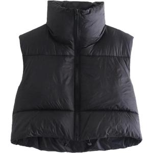 Gihuo Womens Cropped Puffer Vest Winter Crop Vest Lightweight Sleeveless Warm Outerwear Puffer Jacket Padded Gilet(Black)